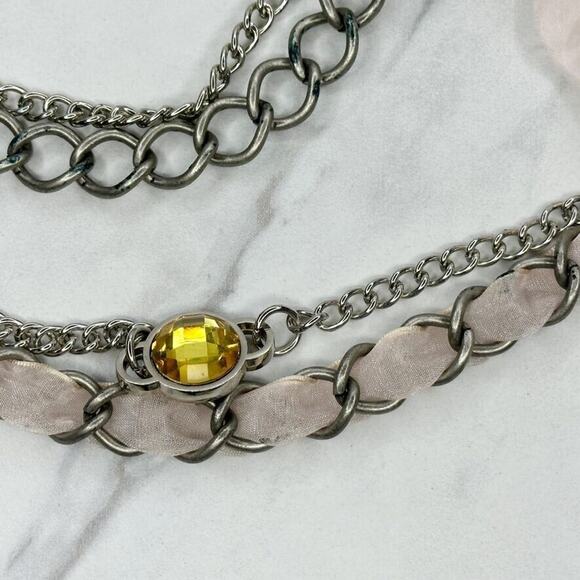 Pink Flower Rhinestone Silver Tone Metal Chain Link Belt Size Large L XL - Picture 5 of 12